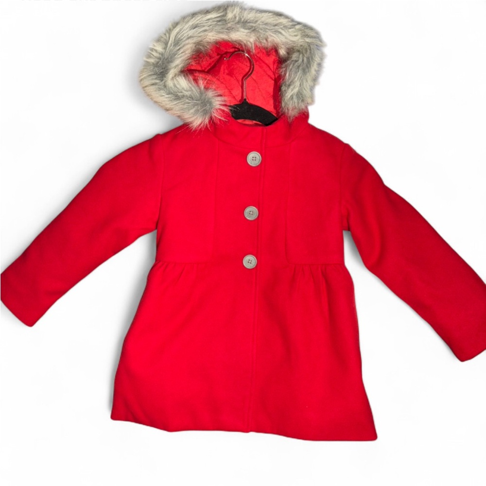 Red Cat & Jack #peacoat with faux fur hood and easy snap buttons 4t - Picture 1 of 4